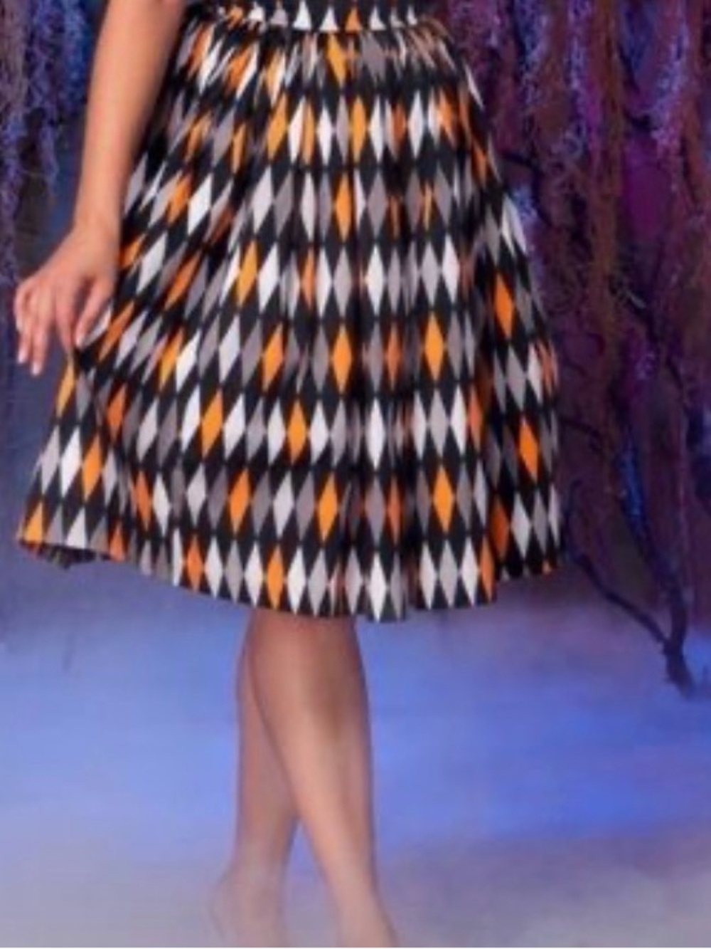 Pinup Couture Black, White & Orange Harlequin Jenny Gathered Skirt with Pockets